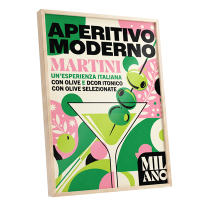 Aperitivo Moderno, green, pink, beige minimalist wall art shown as a oak framed poster wall art print