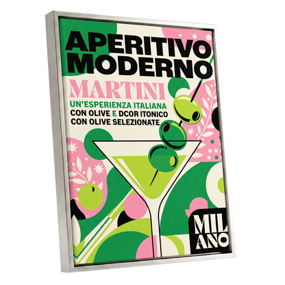 Aperitivo Moderno, green, pink, beige minimalist wall art shown as a silver framed canvas wall art
