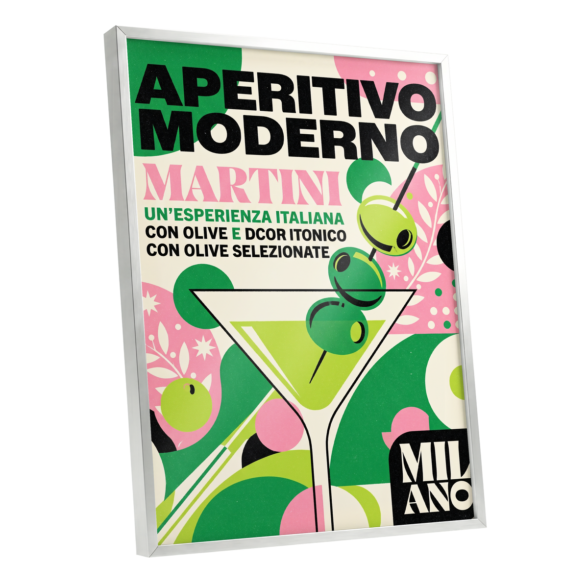 Aperitivo Moderno, green, pink, beige minimalist wall art shown as a silver framed poster wall art print
