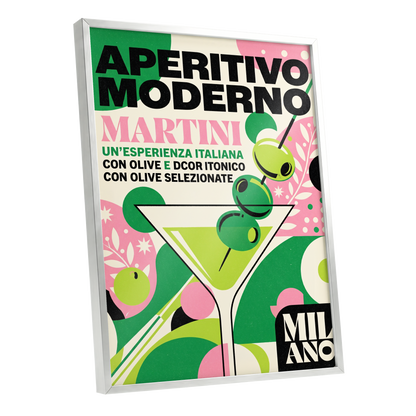 Aperitivo Moderno, green, pink, beige minimalist wall art shown as a silver framed poster wall art print