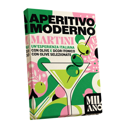 Aperitivo Moderno, green, pink, beige minimalist wall art shown as a stretched canvas wall art