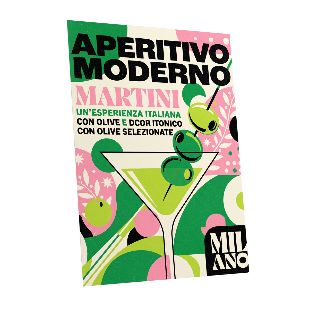 Aperitivo Moderno, green, pink, beige minimalist wall art shown as a unframed poster wall art print