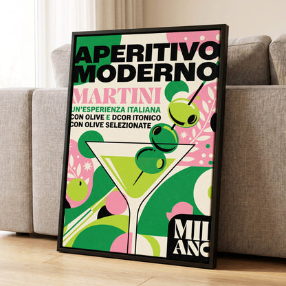 Aperitivo Moderno, green, pink, beige minimalist wall art displayed in a styled interior, gallery view 1