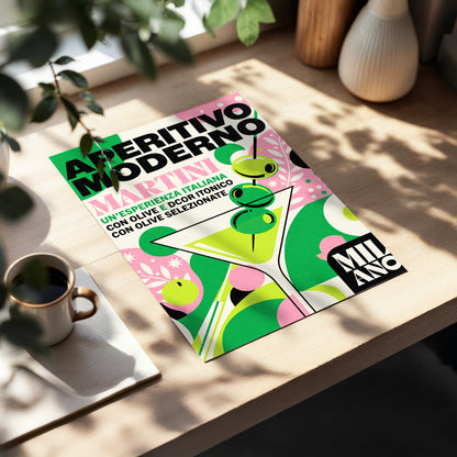 Aperitivo Moderno, green, pink, beige minimalist wall art displayed in a styled interior, gallery view 2
