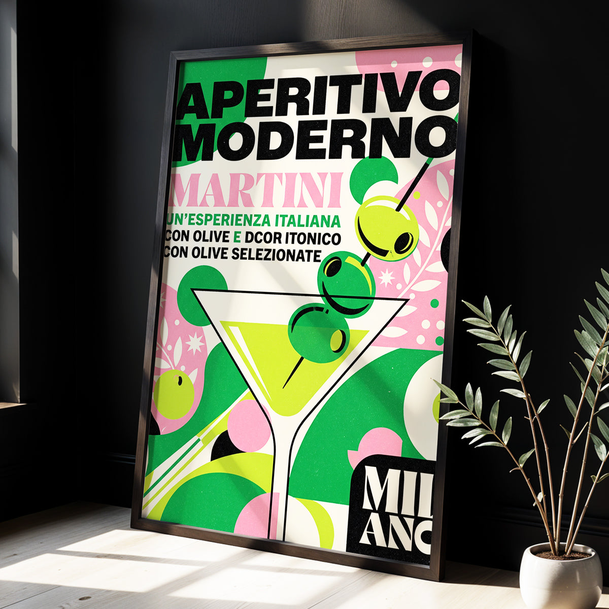 Aperitivo Moderno, green, pink, beige minimalist wall art displayed in a styled interior, gallery view 3