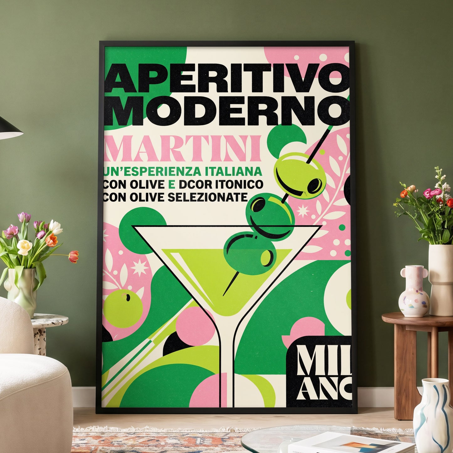 Aperitivo Moderno, green, pink, beige minimalist wall art displayed in a styled interior, gallery view 4