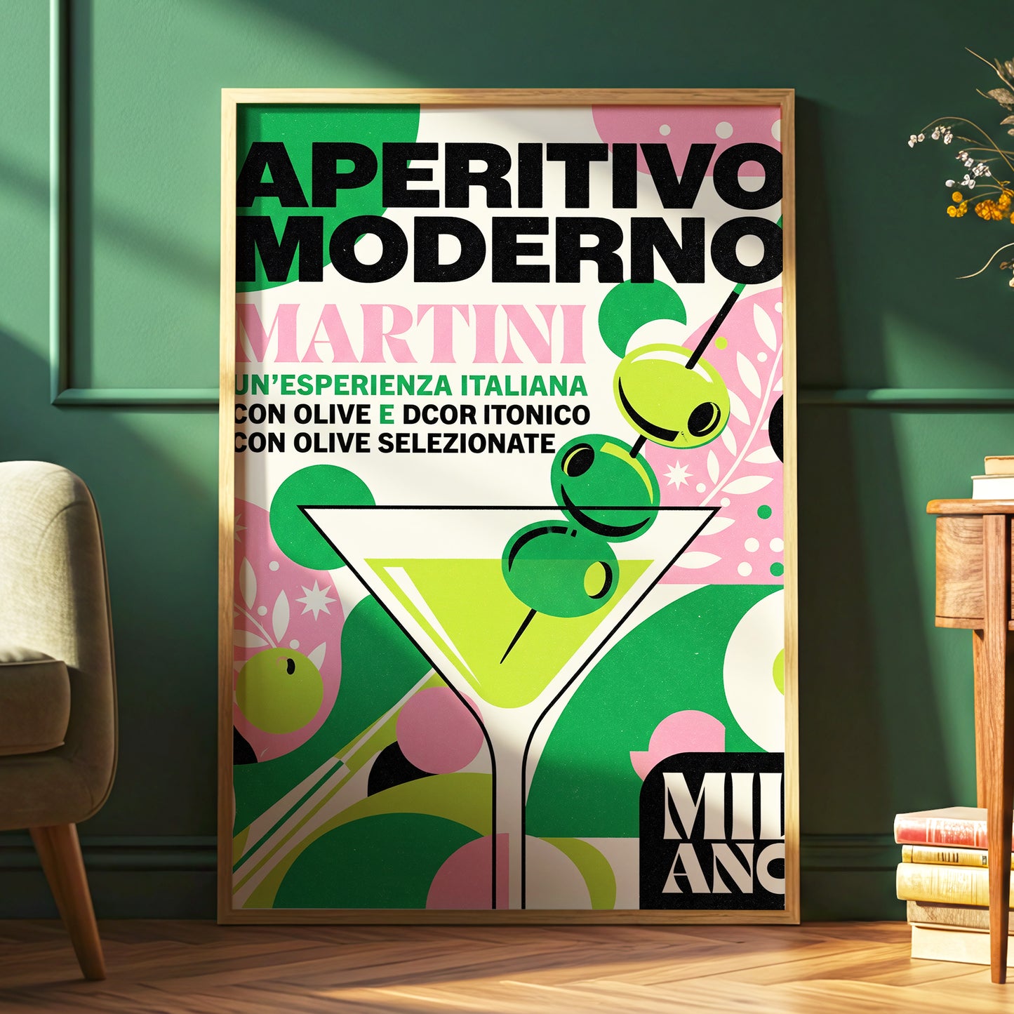 Aperitivo Moderno, green, pink, beige minimalist wall art displayed in a styled interior, gallery view 6
