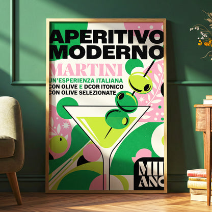 Aperitivo Moderno, green, pink, beige minimalist wall art displayed in a styled interior, gallery view 6