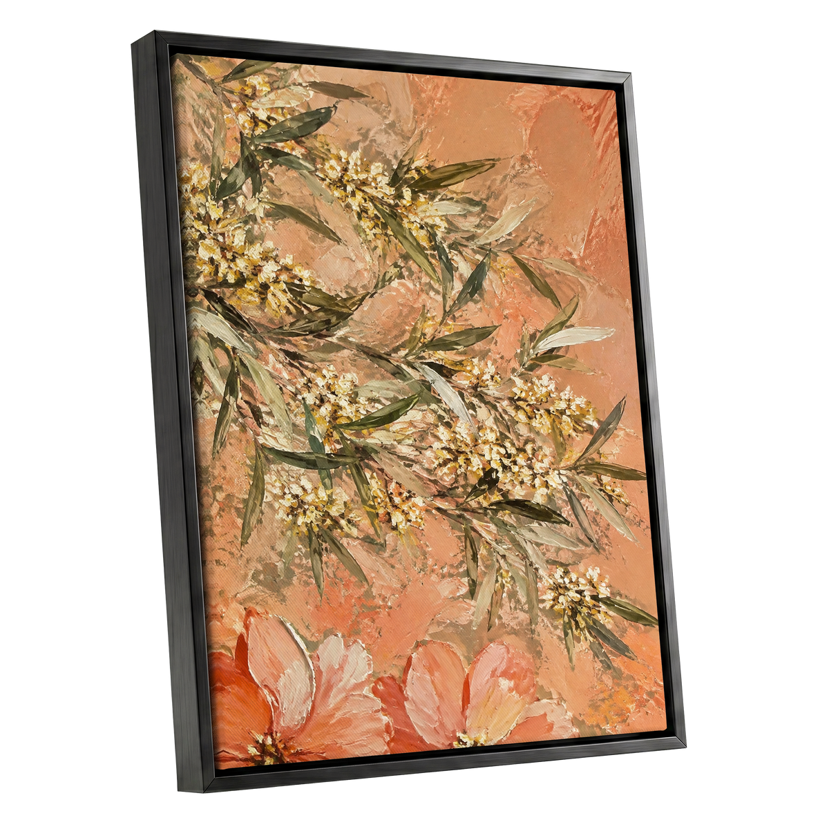 Apricot Blossom Drift, orange, pink, green floral wall art shown as a black framed canvas wall art