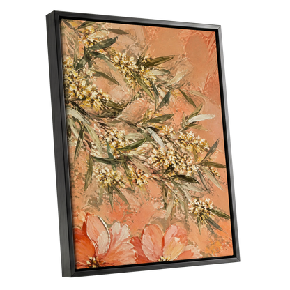 Apricot Blossom Drift, orange, pink, green floral wall art shown as a black framed canvas wall art