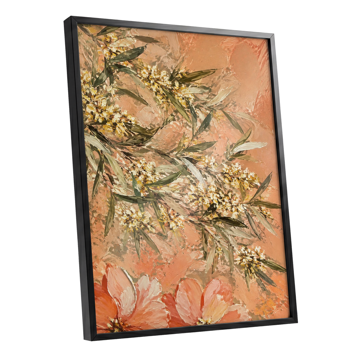 Apricot Blossom Drift, orange, pink, green floral wall art shown as a black framed poster wall art print