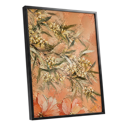 Apricot Blossom Drift, orange, pink, green floral wall art shown as a black framed poster wall art print