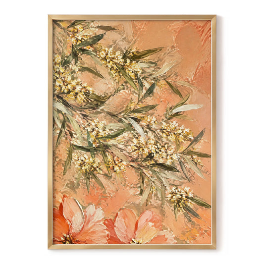 Apricot Blossom Drift, orange, pink, green floral wall art, front artwork view