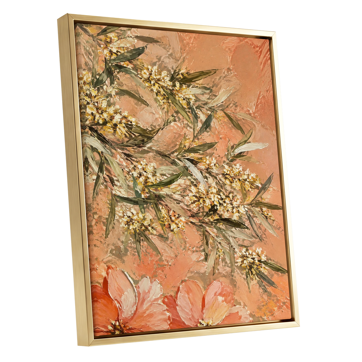 Apricot Blossom Drift, orange, pink, green floral wall art shown as a gold framed canvas wall art
