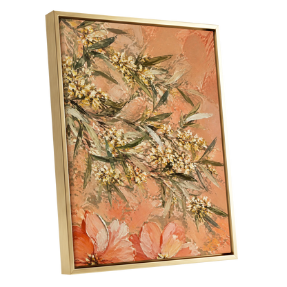 Apricot Blossom Drift, orange, pink, green floral wall art shown as a gold framed canvas wall art
