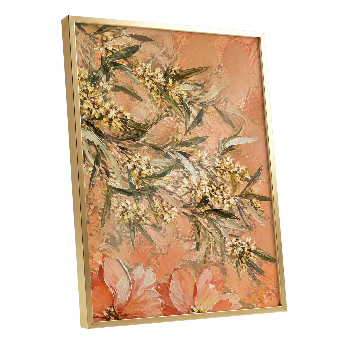 Apricot Blossom Drift, orange, pink, green floral wall art shown as a gold framed poster wall art print