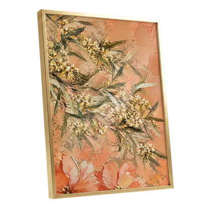 Apricot Blossom Drift, orange, pink, green floral wall art shown as a gold framed poster wall art print