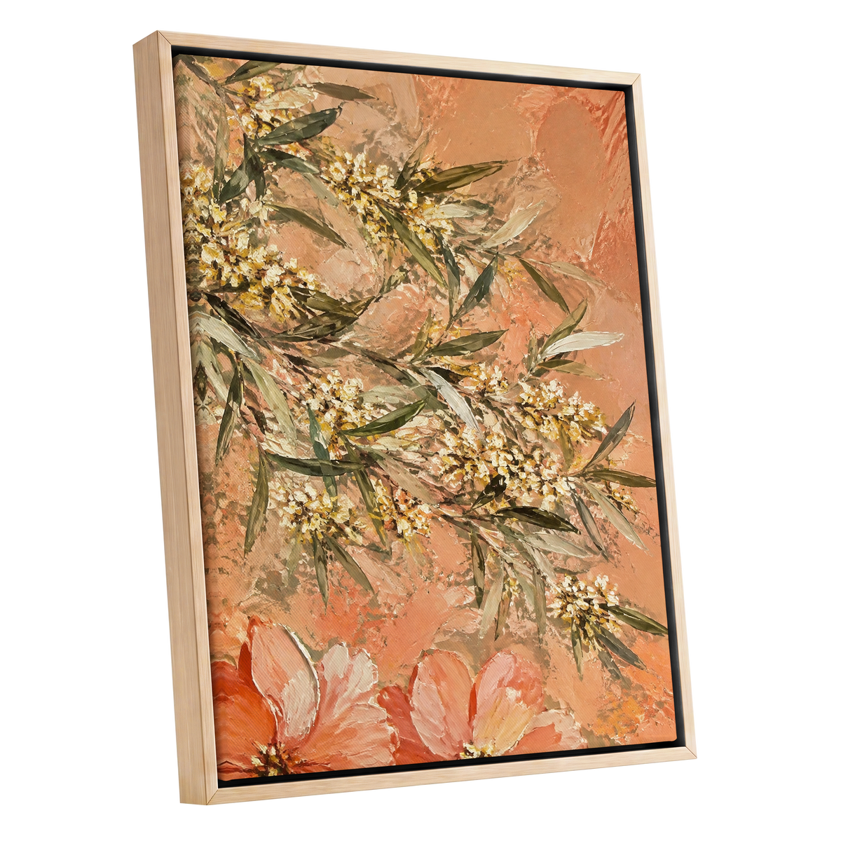 Apricot Blossom Drift, orange, pink, green floral wall art shown as a oak framed canvas wall art