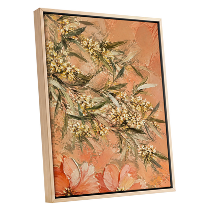 Apricot Blossom Drift, orange, pink, green floral wall art shown as a oak framed canvas wall art