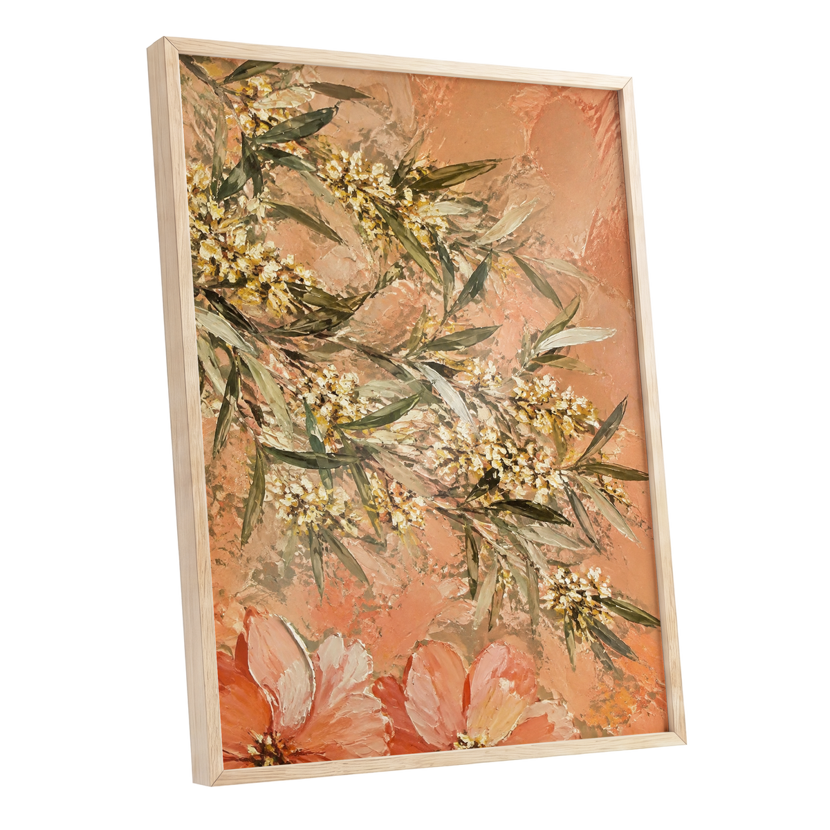 Apricot Blossom Drift, orange, pink, green floral wall art shown as a oak framed poster wall art print
