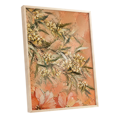 Apricot Blossom Drift, orange, pink, green floral wall art shown as a oak framed poster wall art print