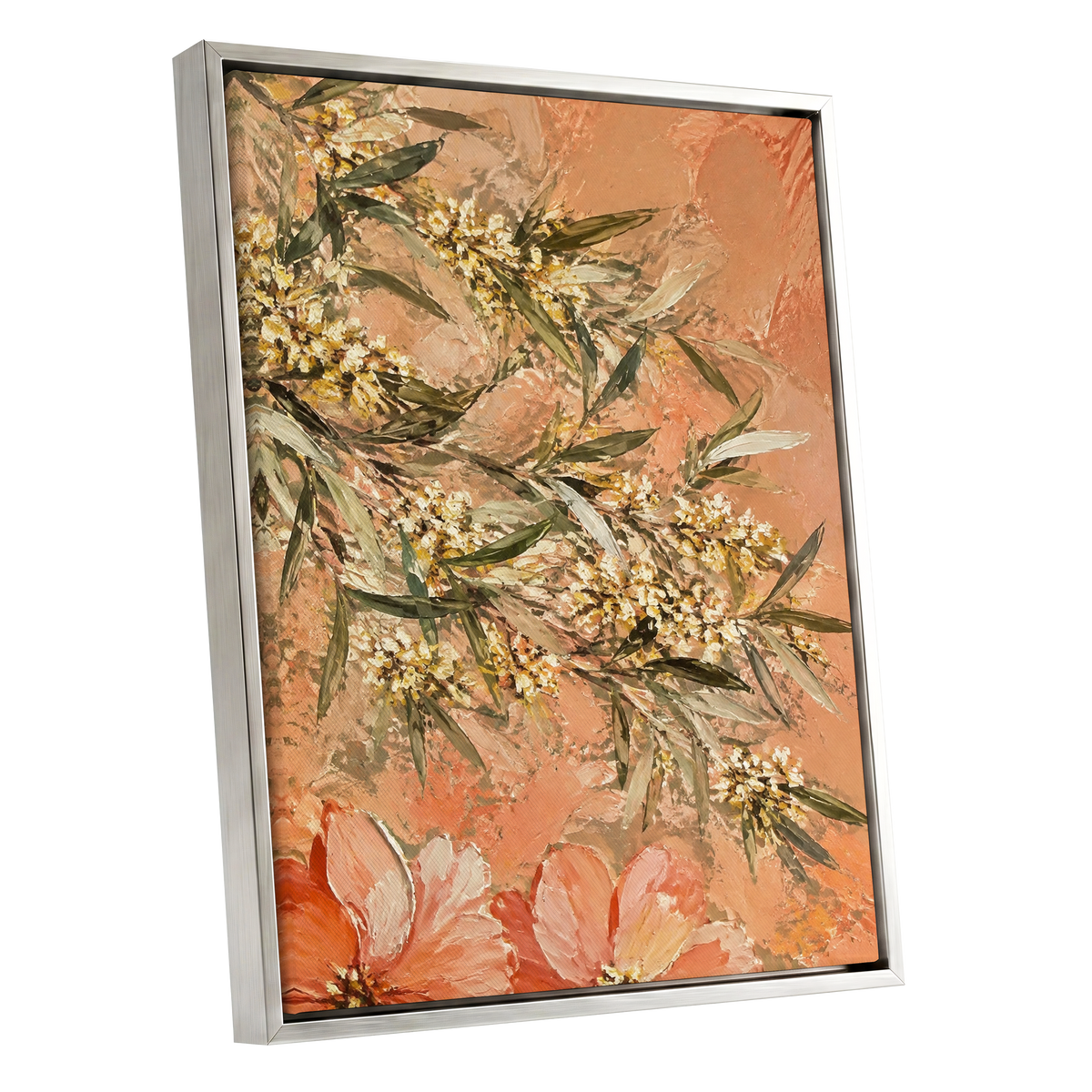 Apricot Blossom Drift, orange, pink, green floral wall art shown as a silver framed canvas wall art