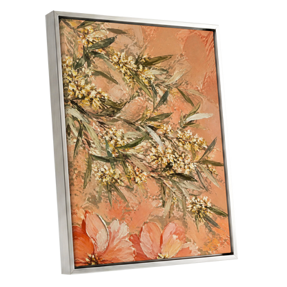 Apricot Blossom Drift, orange, pink, green floral wall art shown as a silver framed canvas wall art