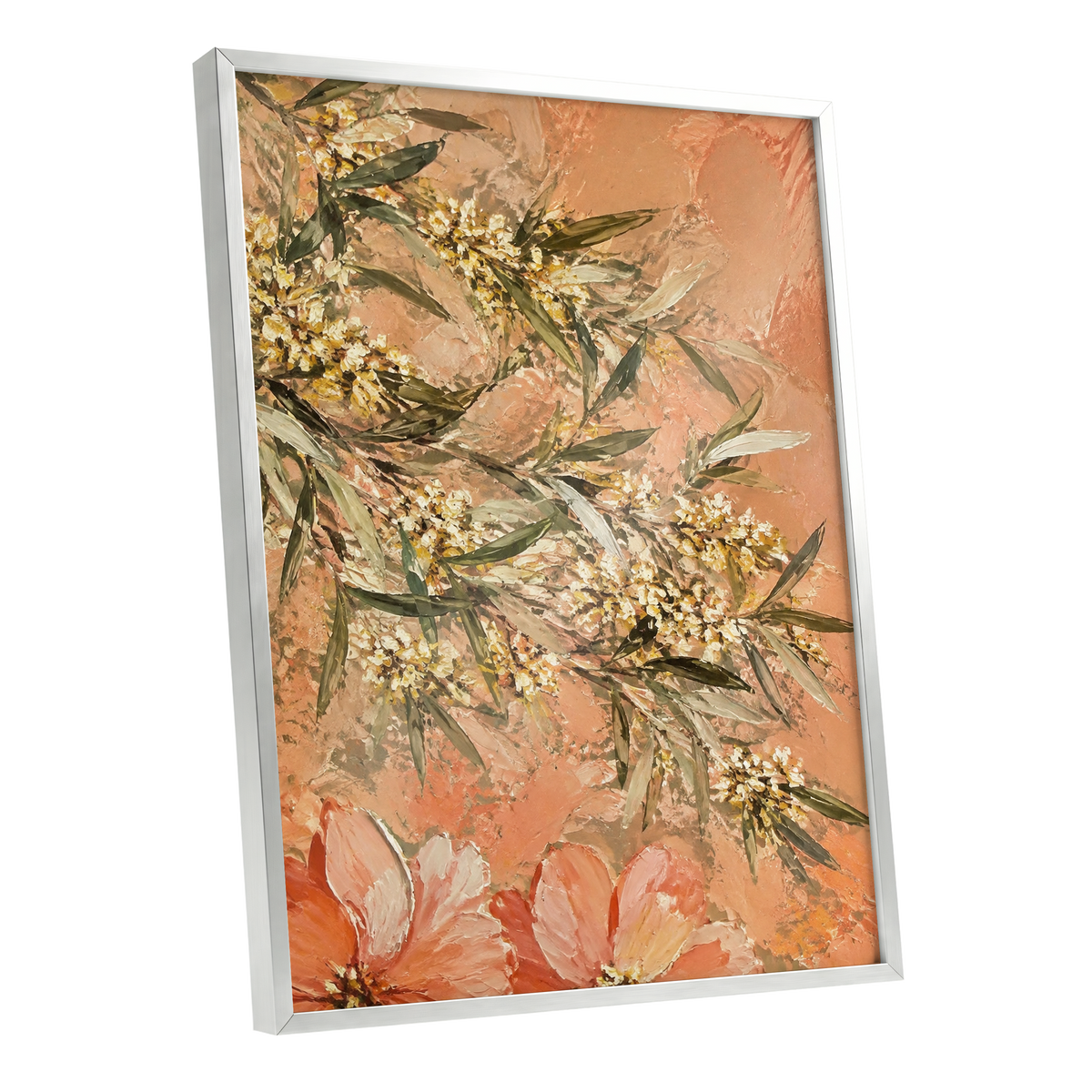Apricot Blossom Drift, orange, pink, green floral wall art shown as a silver framed poster wall art print