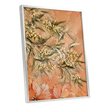 Apricot Blossom Drift, orange, pink, green floral wall art shown as a silver framed poster wall art print