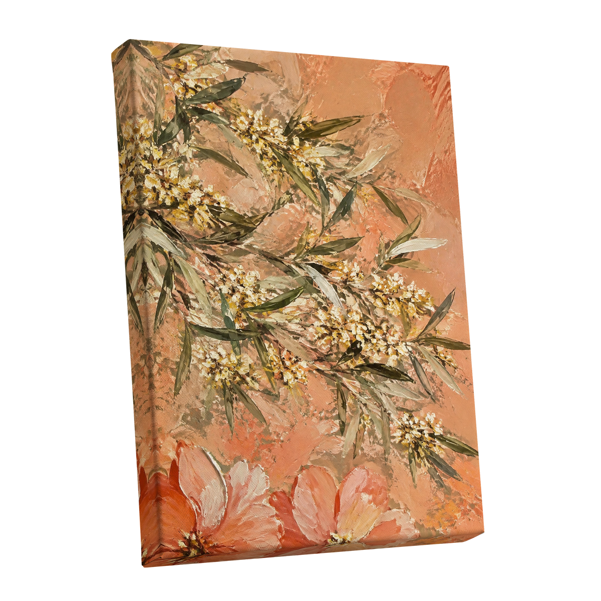 Apricot Blossom Drift, orange, pink, green floral wall art shown as a stretched canvas wall art