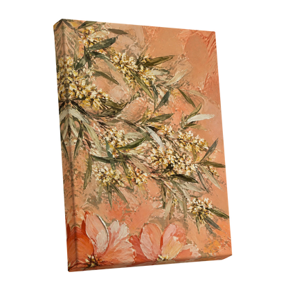 Apricot Blossom Drift, orange, pink, green floral wall art shown as a stretched canvas wall art