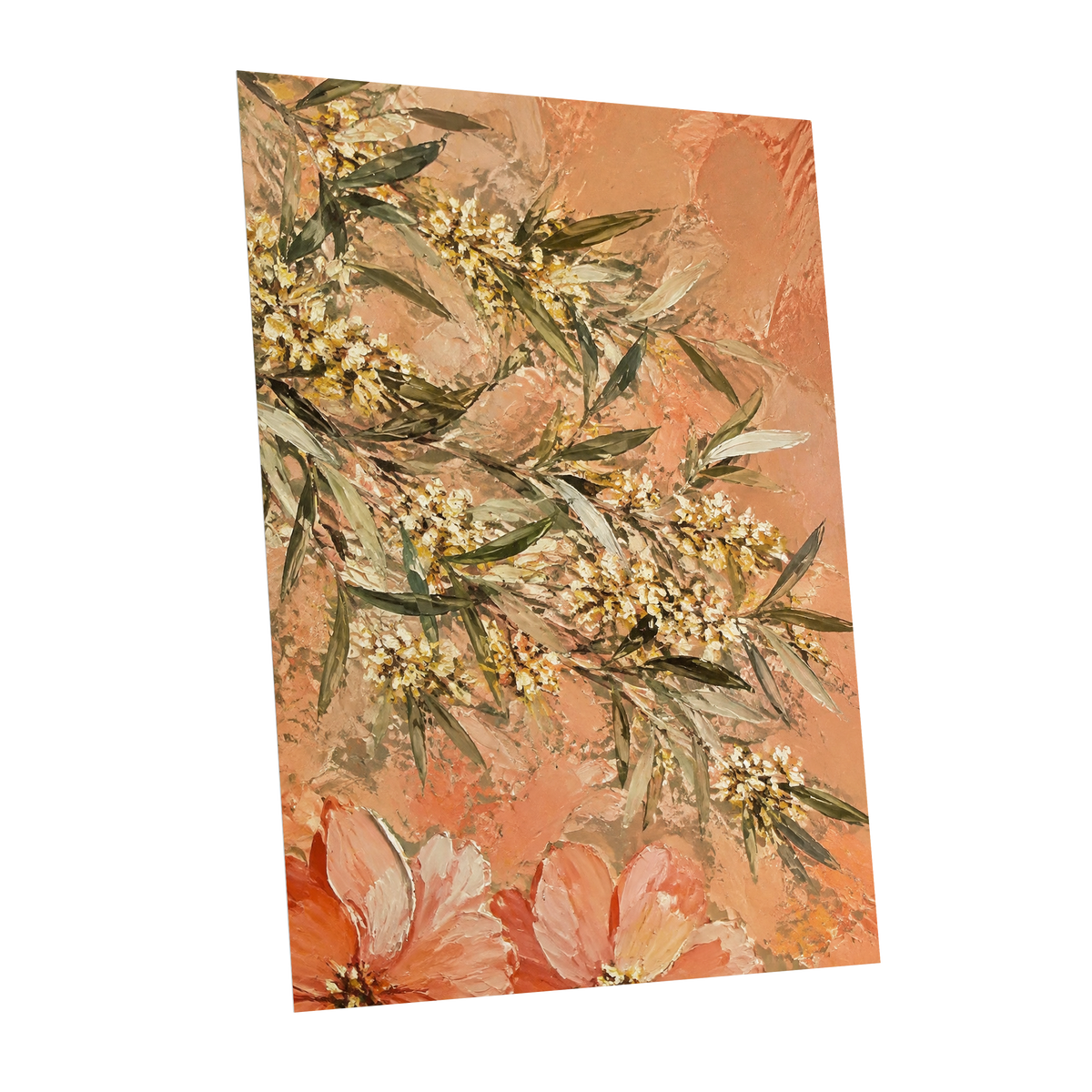 Apricot Blossom Drift, orange, pink, green floral wall art shown as a unframed poster wall art print