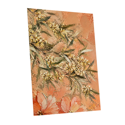 Apricot Blossom Drift, orange, pink, green floral wall art shown as a unframed poster wall art print