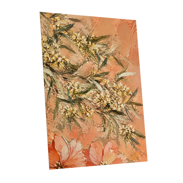 Apricot Blossom Drift, orange, pink, green floral wall art shown as a unframed poster wall art print