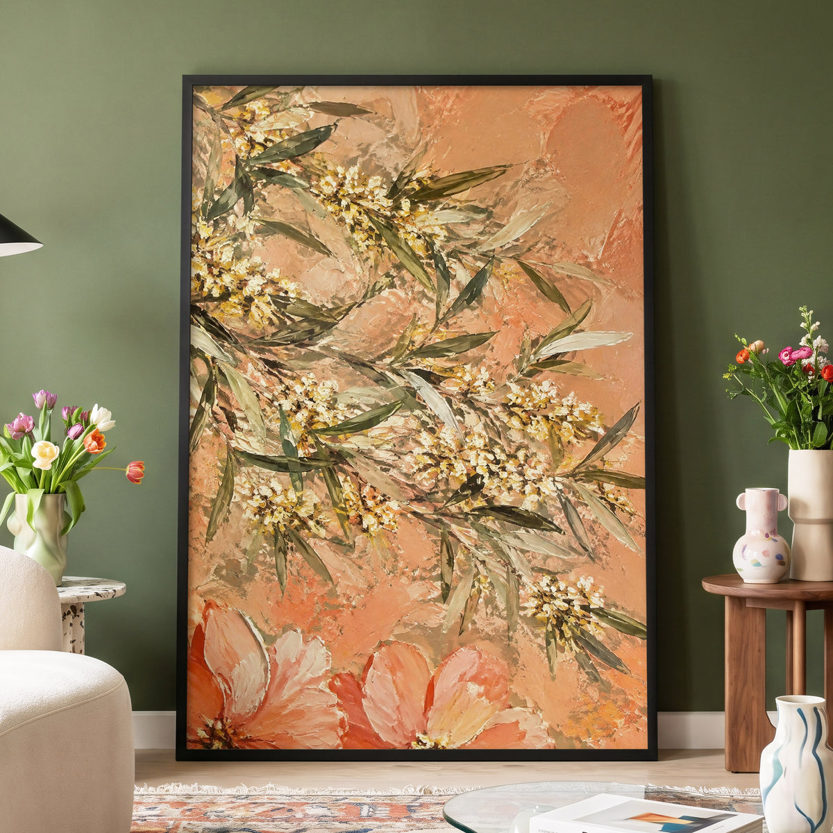 Apricot Blossom Drift, orange, pink, green floral wall art displayed in a styled interior, gallery view 2