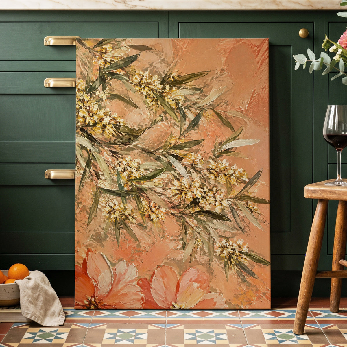 Apricot Blossom Drift, orange, pink, green floral wall art displayed in a styled interior, gallery view 3
