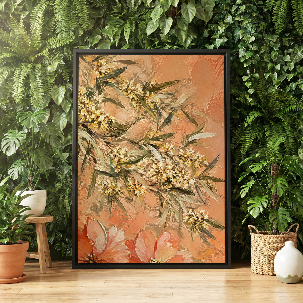 Apricot Blossom Drift, orange, pink, green floral wall art displayed in a styled interior, gallery view 4