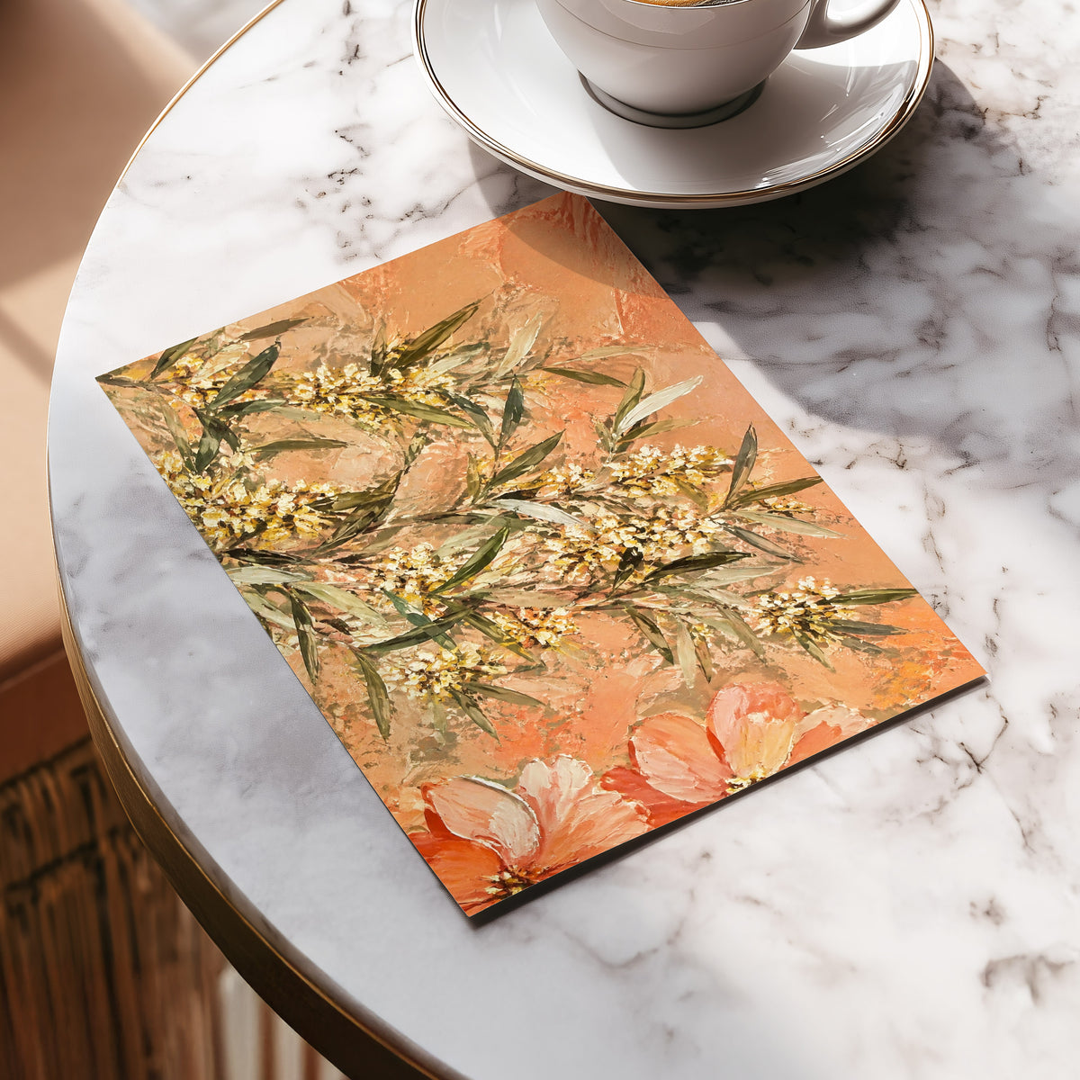 Apricot Blossom Drift, orange, pink, green floral wall art displayed in a styled interior, gallery view 5