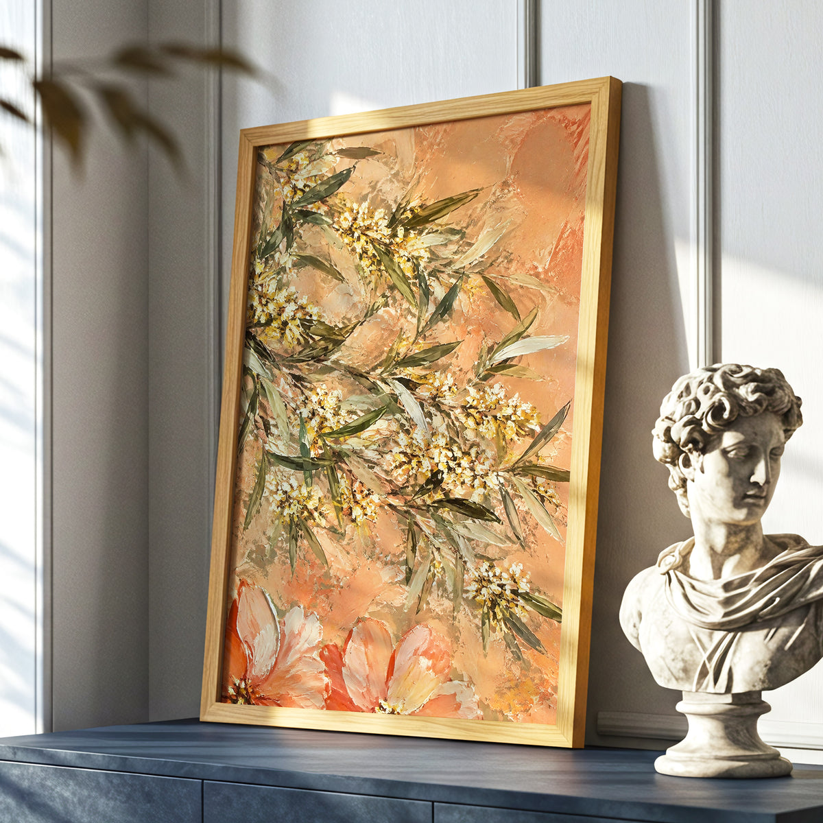 Apricot Blossom Drift, orange, pink, green floral wall art displayed in a styled interior, gallery view 6