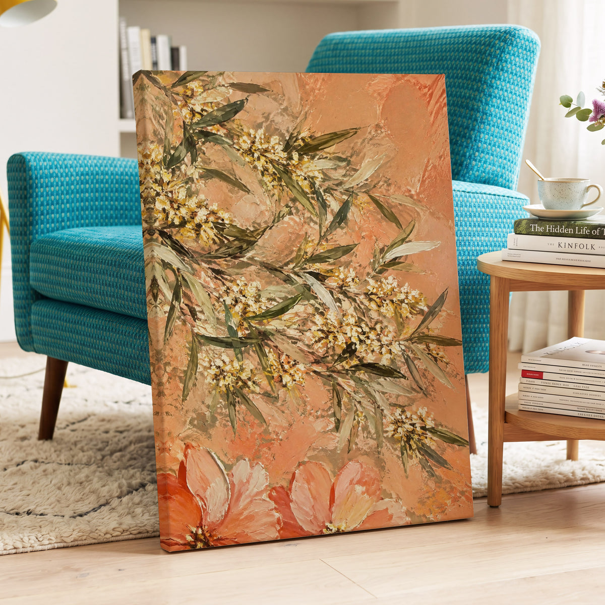 Apricot Blossom Drift, orange, pink, green floral wall art displayed in a styled interior, gallery view 7