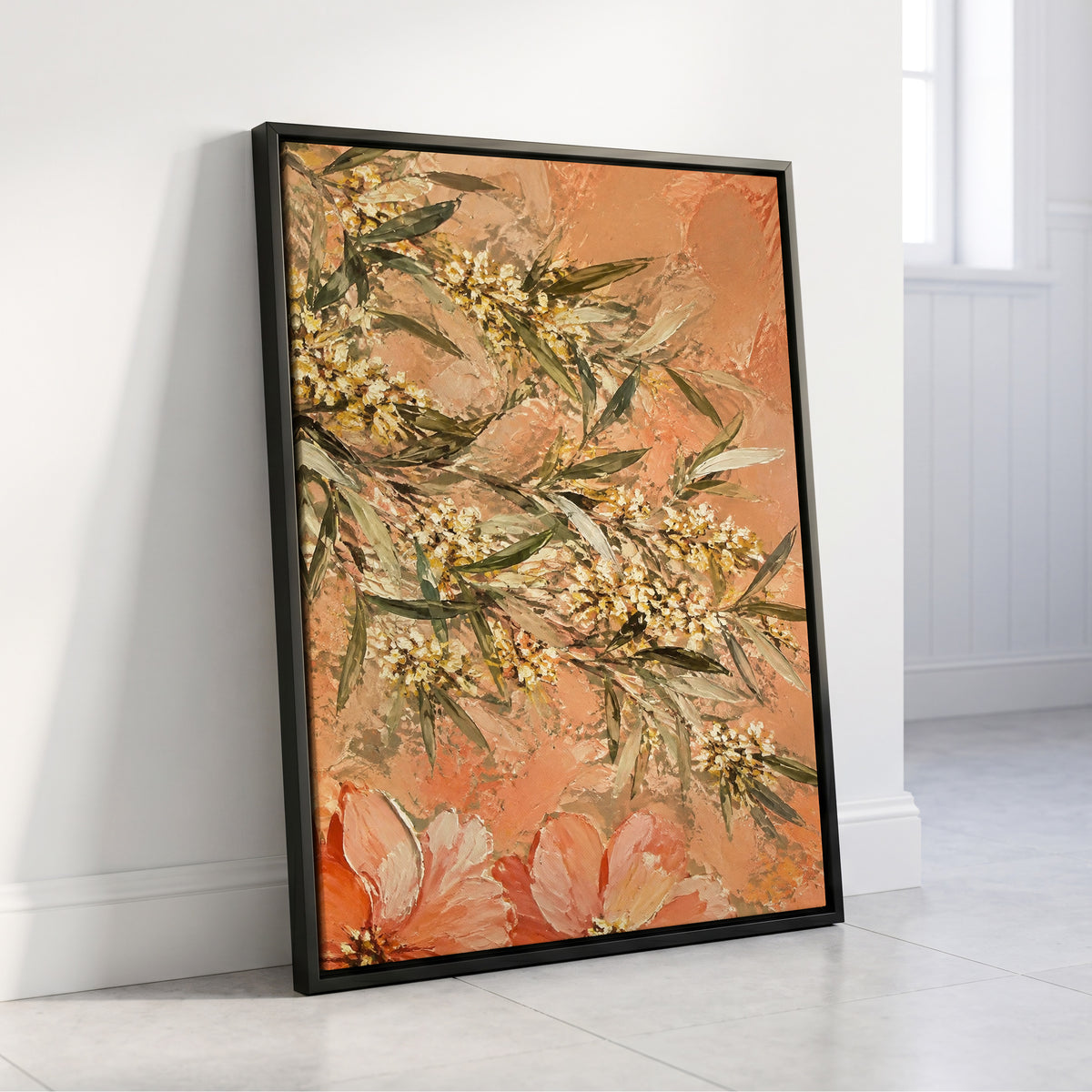 Apricot Blossom Drift, orange, pink, green floral wall art displayed in a styled interior, gallery view 8