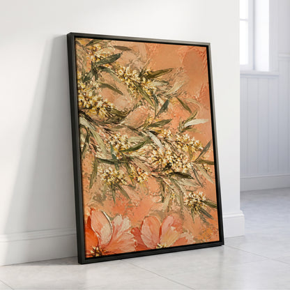 Apricot Blossom Drift, orange, pink, green floral wall art displayed in a styled interior, gallery view 8