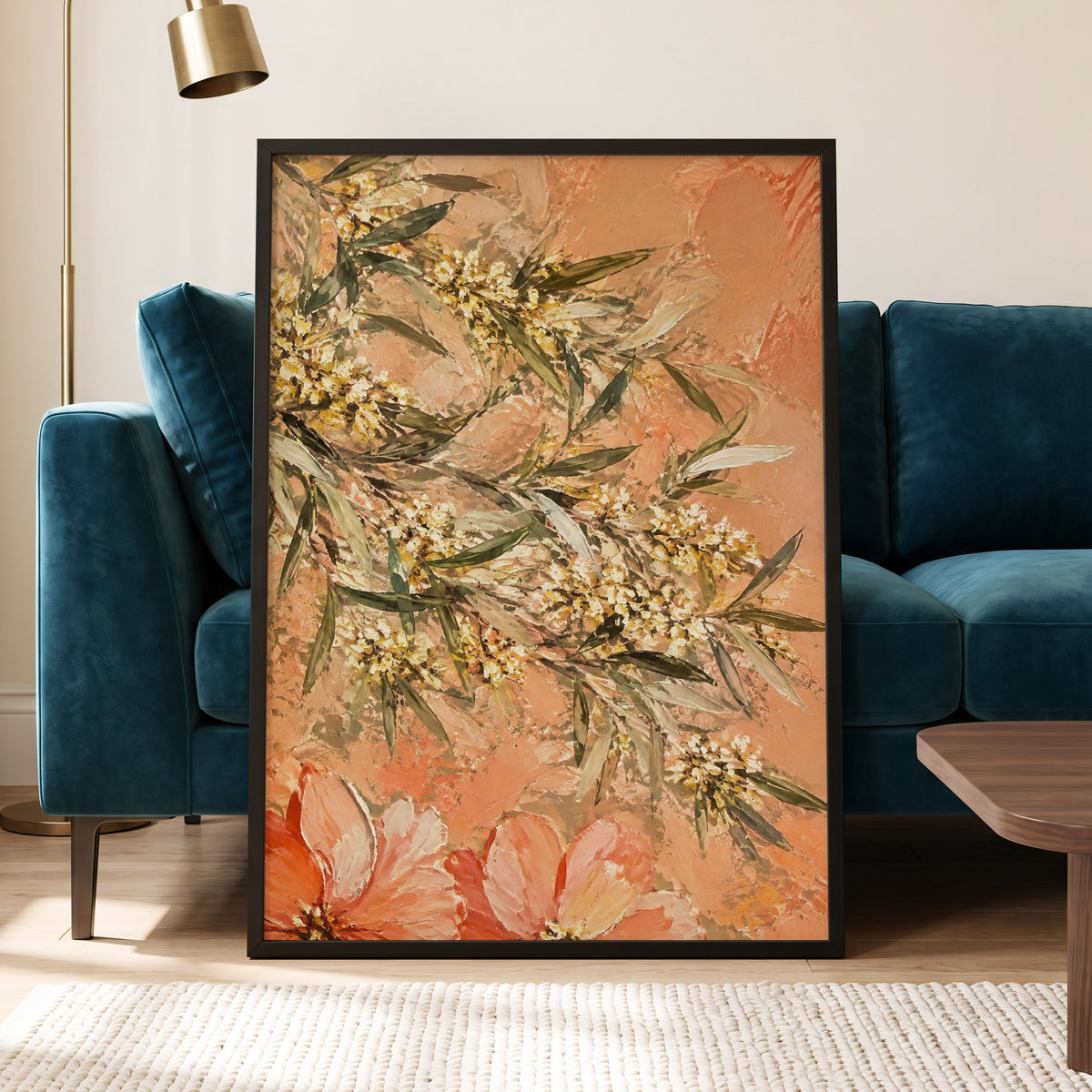 Apricot Blossom Drift, orange, pink, green floral wall art displayed in a styled interior, gallery view 9