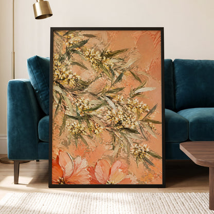 Apricot Blossom Drift, orange, pink, green floral wall art displayed in a styled interior, gallery view 9