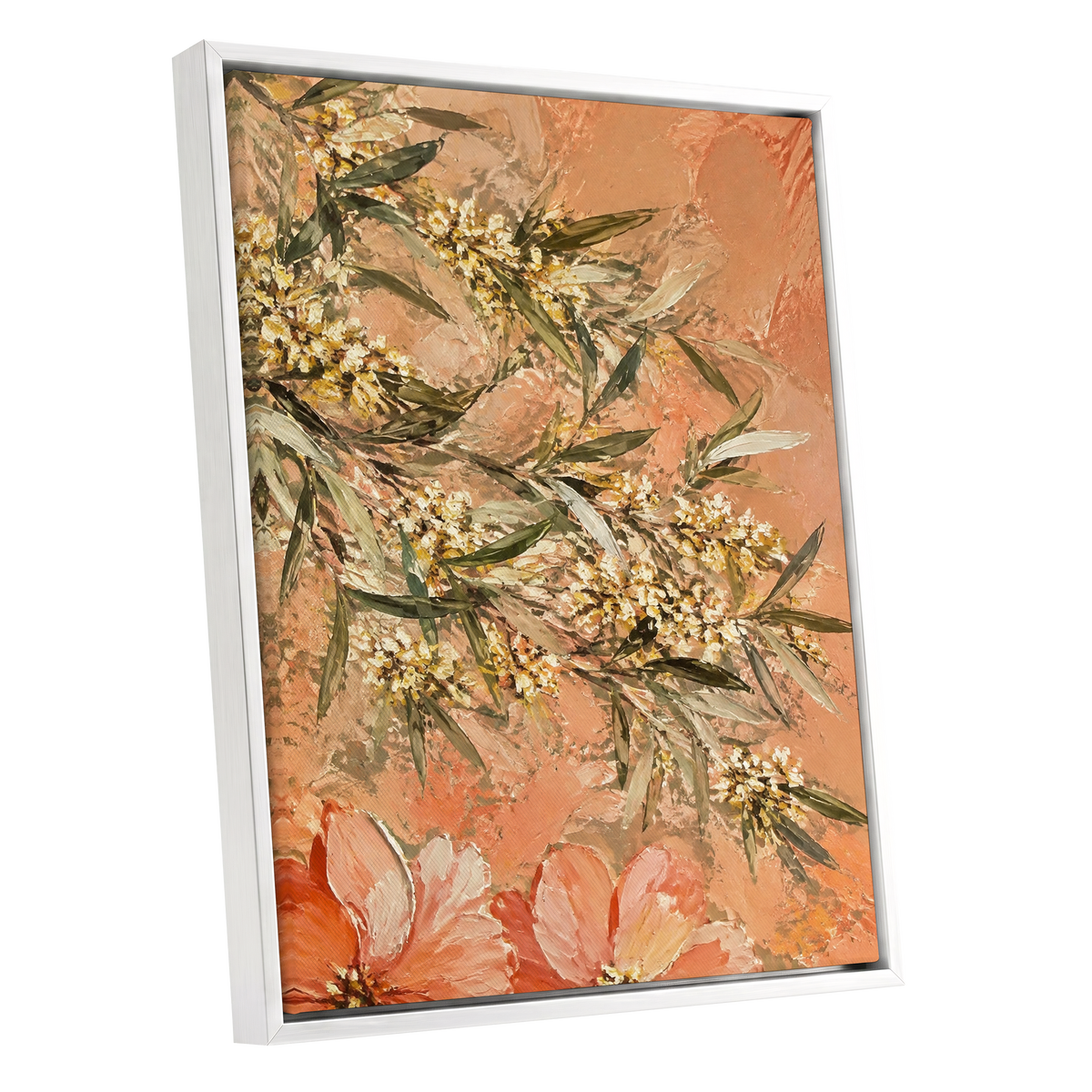 Apricot Blossom Drift, orange, pink, green floral wall art shown as a white framed canvas wall art