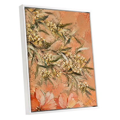 Apricot Blossom Drift, orange, pink, green floral wall art shown as a white framed canvas wall art