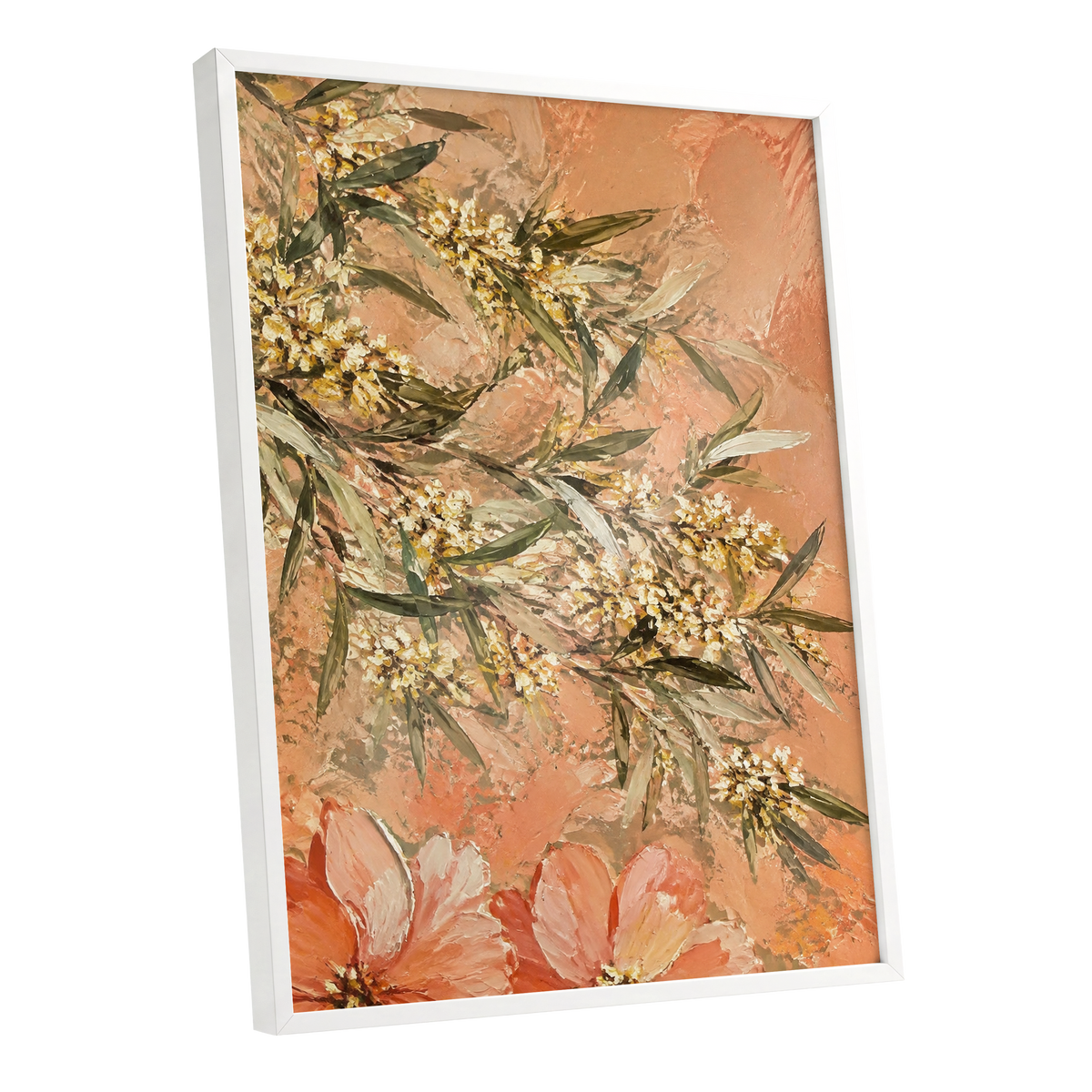 Apricot Blossom Drift, orange, pink, green floral wall art shown as a white framed poster wall art print