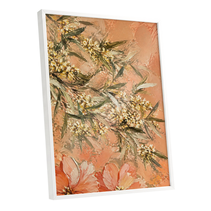 Apricot Blossom Drift, orange, pink, green floral wall art shown as a white framed poster wall art print