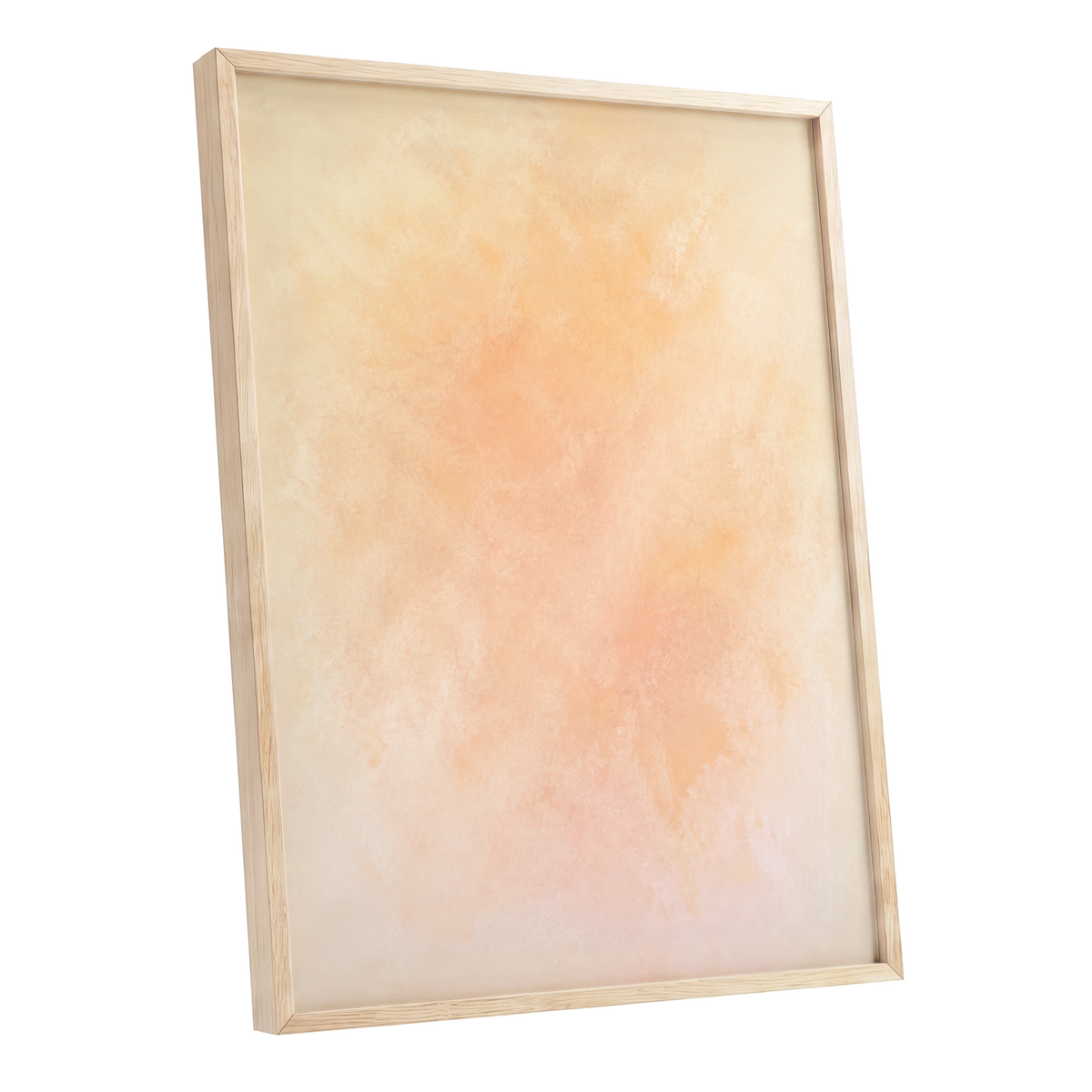 Apricot Hush, orange, pink, beige abstract wall art shown as a oak framed poster wall art print