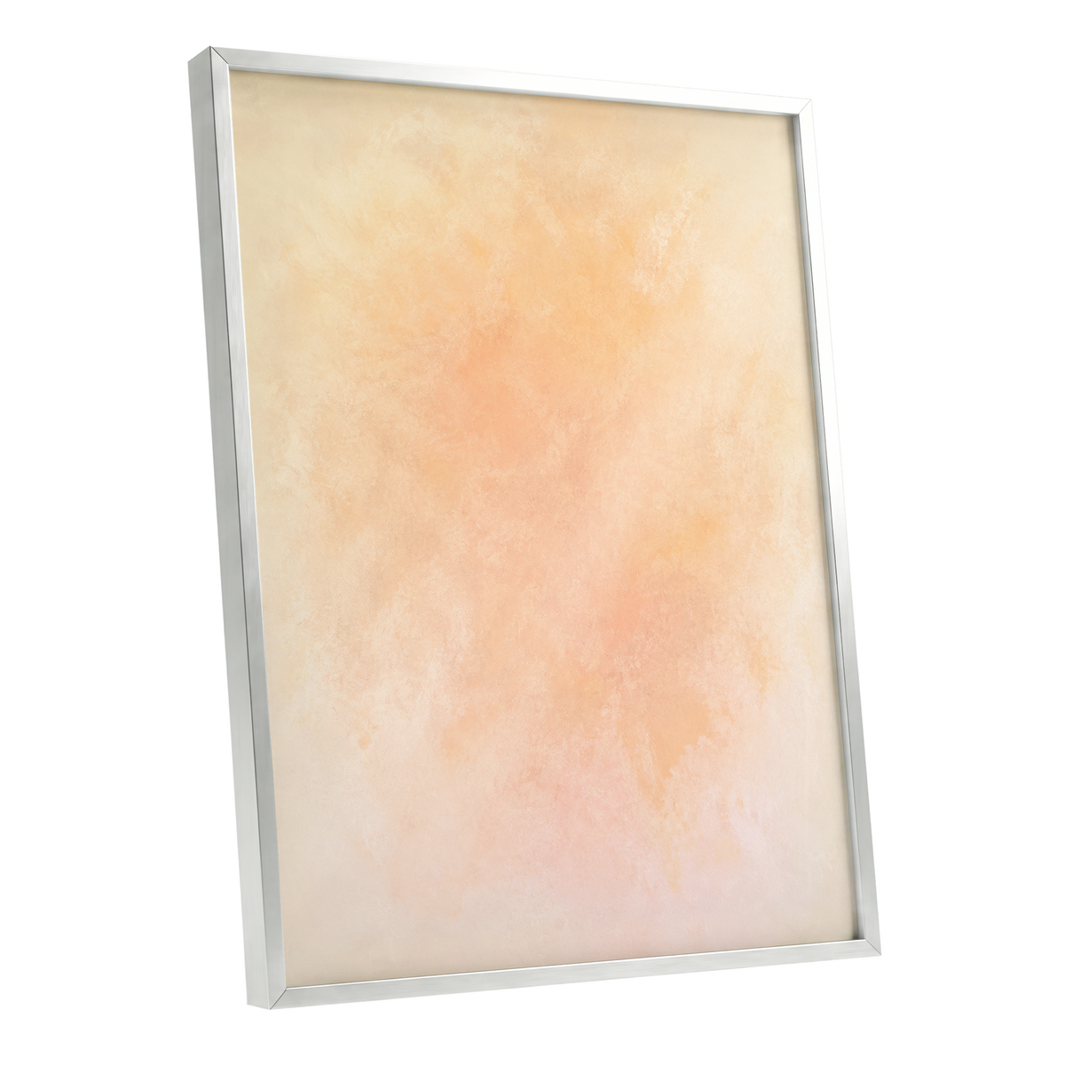 Apricot Hush, orange, pink, beige abstract wall art shown as a silver framed poster wall art print